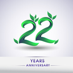 22nd years anniversary celebration logotype with leaf and green colored. Vector design for greeting card and invitation card on white background.