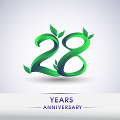 28th years anniversary celebration logotype with leaf and green colored. Vector design for greeting card and invitation card on white background.