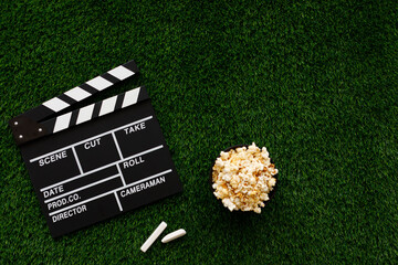 Filmmaking concept. Movie Clapperboard. Cinema begins with movie clappers. Movie clapper on a...