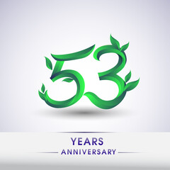 53rd years anniversary celebration logotype with leaf and green colored. Vector design for greeting card and invitation card on white background.