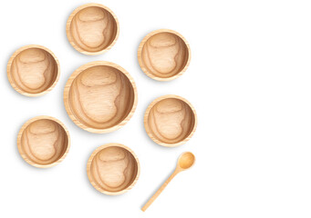 Top view big wooden empty bowl which surrounded by 6 small bowls, spoon aside. Flat lay design template wooden 1 big bowl, 6 small bowls and 1 spoon, space for text and design on right.