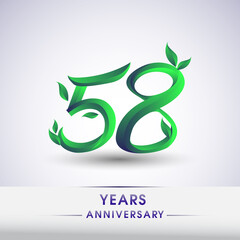 58th years anniversary celebration logotype with leaf and green colored. Vector design for greeting card and invitation card on white background.