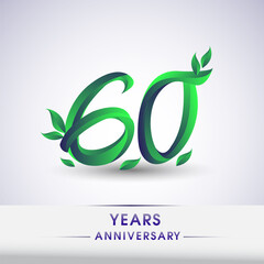 60th years anniversary celebration logotype with leaf and green colored. Vector design for greeting card and invitation card on white background.