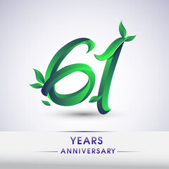 61st years anniversary celebration logotype with leaf and green colored. Vector design for greeting card and invitation card on white background.