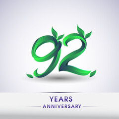 92nd years anniversary celebration logotype with leaf and green colored. Vector design for greeting card and invitation card on white background.