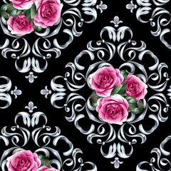 Seamless pattern with silver curls. Roses and baroque background