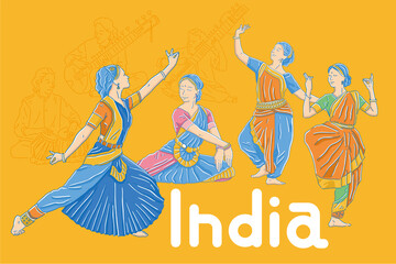 Female dancer dancing Indian traditional dance, vector illustration
