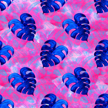 Abstract watercolor seamless pattern with monstera leaves. Abstract tropical background.