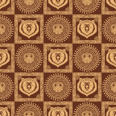 Bear and  sun tribal tattoo seamless pattern vector with Brown earth color tone 