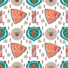 Bear and  sun tribal tattoo seamless pattern vector with retro color tone