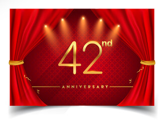 42nd years golden anniversary logo with glowing golden colors isolated on realistic red curtain, vector design for greeting card, poster and invitation card