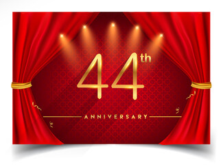 44th years golden anniversary logo with glowing golden colors isolated on realistic red curtain, vector design for greeting card, poster and invitation card