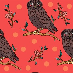 Seamless vector pattern with owls and twigs. Cute background for texting. Fabulous, cartoon print with birds. - 355349809