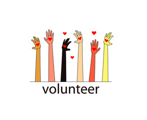 Hands raised up as a sign of voluntary participation or voting. Personal initiative. Skin color of different nationalities. Volunteers from different nations. Vector illustration, eps 10.