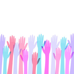 Multi-colored hands are raised up. The right and left hands of contrasting colors symbolize volunteers. Vector flat cartoon illustration. Concept: choice, voting, volunteers, initiative, help.