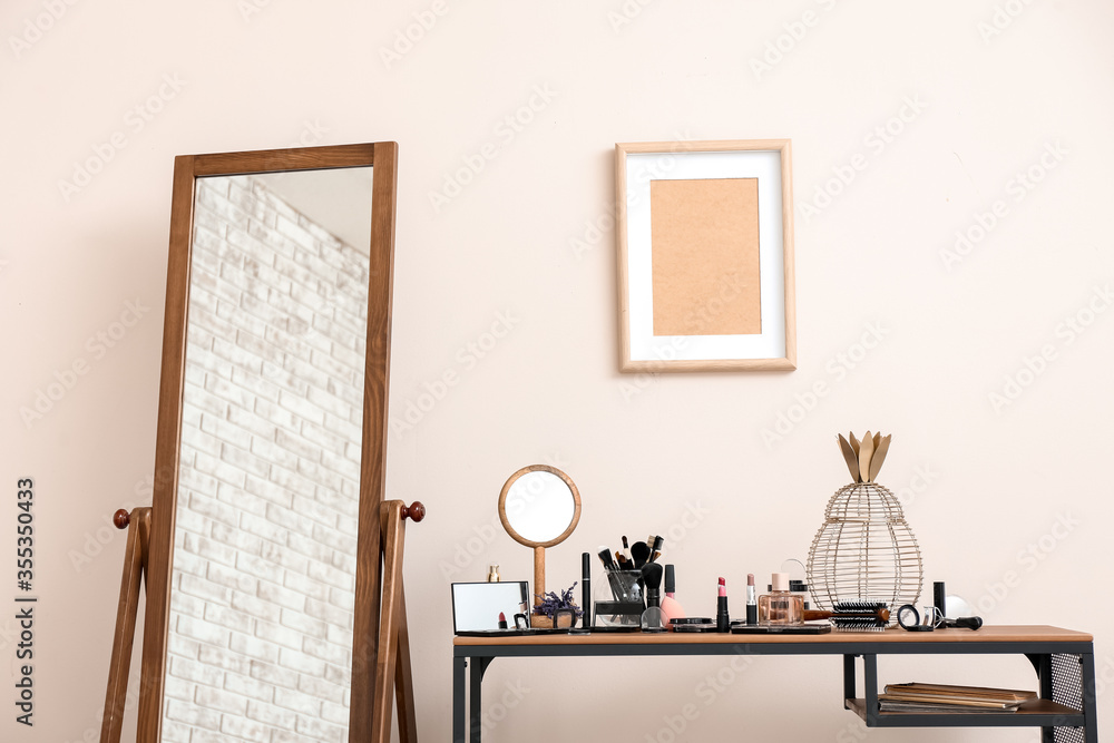 Canvas Prints Table with set of decorative cosmetics and mirror in room