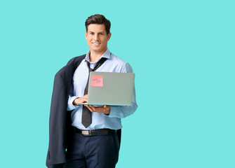 Young businessman with laptop against color background. Day off concept