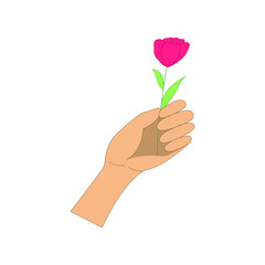 A flower in the hand. The palm squeezes the stem of a red flower. Vector illustration, flat cartoon, eps 10. Concept: gift to a woman, compliment, spring flowers, give, congratulate, hand, March 8.