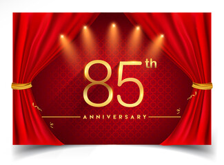 85th years golden anniversary logo with glowing golden colors isolated on realistic red curtain, vector design for greeting card, poster and invitation card