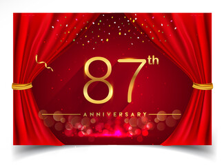 87th years golden anniversary logo with glowing golden colors isolated on realistic red curtain, vector design for greeting card, poster and invitation card