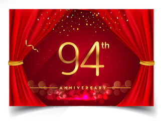 94th years golden anniversary logo with glowing golden colors isolated on realistic red curtain, vector design for greeting card, poster and invitation card