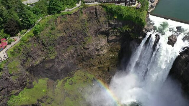 Aerial / drone footage of Snoqualmie Falls by Issaquah and North Bend near Seattle, Washington during the COVID-19 pandemic closure