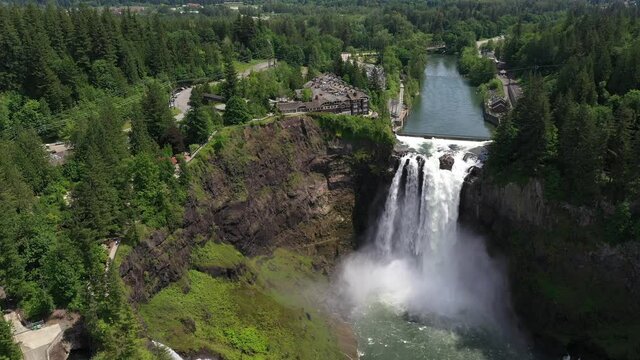 Aerial / drone footage of Snoqualmie Falls by Issaquah and North Bend near Seattle, Washington during the COVID-19 pandemic closure