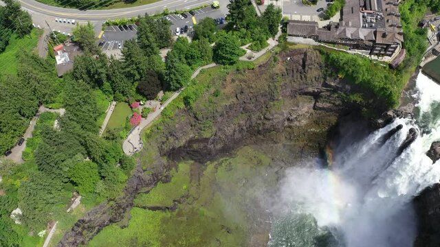 Aerial / drone footage of Snoqualmie Falls, observation area and Salish Lodge and Spa by Issaquah and North Bend near Seattle, Washington during the COVID-19 pandemic closure