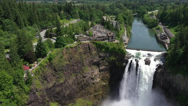 Aerial / drone footage of Snoqualmie River and Falls by Issaquah and North Bend near Seattle, Washington during the COVID-19 pandemic closure