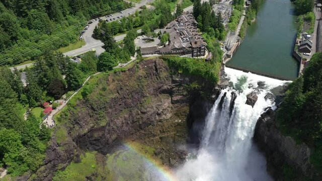 Aerial / drone footage of the visitor viewing area for Snoqualmie Falls and Salish Lodge and Spa by Issaquah and North Bend near Seattle, Washington during the COVID-19 pandemic closure
