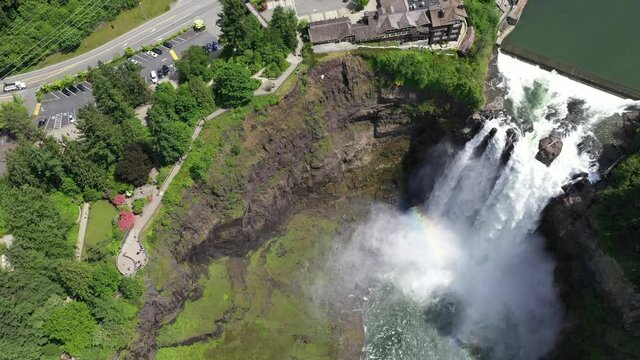 Aerial / drone footage of the observation deck, Snoqualmie Falls and Salish Lodge and Spa by Issaquah and North Bend near Seattle, Washington during the COVID-19 pandemic closure