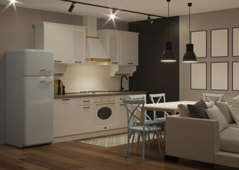 White classic kitchen interior with blue fridge and black chalk wall. Night. Evening lighting. 3D rendering.