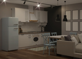 White classic kitchen interior with blue fridge and black chalk wall. Night. Evening lighting. 3D rendering.