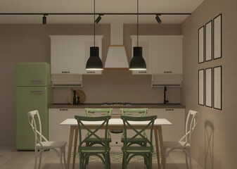 Interior with white classic kitchen with green fridge and light brick walls. Night. Evening lighting. 3D rendering.