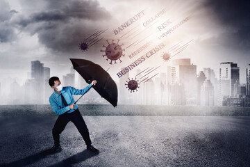 Man using umbrella to protect him from Coronavirus