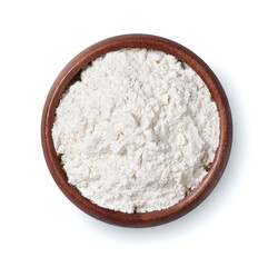 Fototapeta na wymiar Wooden bowl of flour isolated on a white background. Top view.