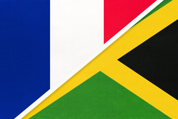 France and Jamaica, symbol of national flags from textile. Championship between two countries.