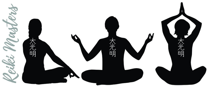 Reiki masters, 3 black silhouettes with dai ko myo symbol tatoo, practicing meditation