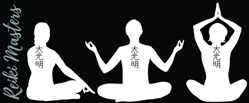 Reiki masters, 3 white silhouettes with dai ko myo symbol tatoo, practicing meditation