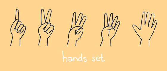 Vector Hands counting show fingers.  Line style isolated elements. Trendy hand icons. Counting on fingers. Modern doodle hand wrists. Yellow background isolated.