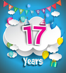 17th Anniversary Celebration Design, with clouds and balloons, confetti. Vector template elements for birthday celebration party.