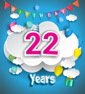 22nd Anniversary Celebration Design, with clouds and balloons, confetti. Vector template elements for birthday celebration party.