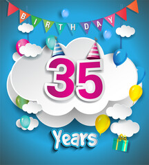 35th Anniversary Celebration Design, with clouds and balloons, confetti. Vector template elements for birthday celebration party.