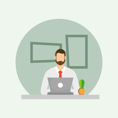 Businessman avatar with laptop on desk vector design
