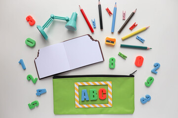 back to school concept. Collection of school supplies, isolated on white background. Top view, flat lay.