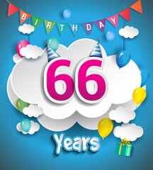 66th Anniversary Celebration Design, with clouds and balloons, confetti. Vector template elements for birthday celebration party.