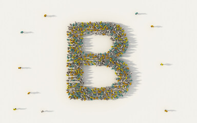 Large group of people forming letter B, capital English alphabet text character in social media and community concept on white background. 3d sign symbol of crowd illustration from above © tampatra
