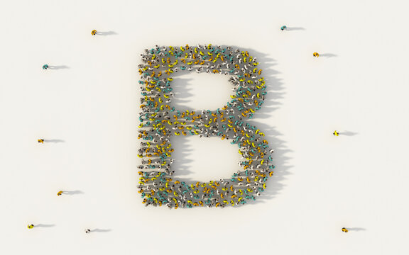 Large group of people forming letter B, capital English alphabet text character in social media and community concept on white background. 3d sign symbol of crowd illustration from above