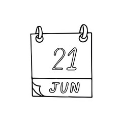 calendar hand drawn in doodle style. June 21. International Yoga Day, World Hydrography, Humanist, Selfie, Skateboarding date. icon, sticker, element planning, business holiday