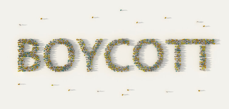 Large Group Of People Forming Boycott Lettering Text In Social Media And Community Concept On White Background. 3d Sign Of Crowd Illustration From Above Gathered Together